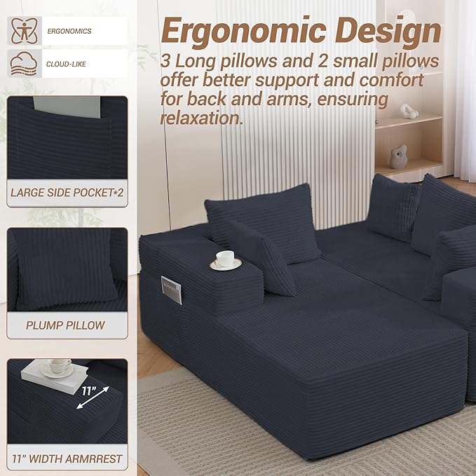 105'' Cloud Sectional Couch Modular L-Shaped Boneless Sectional Sofa Corduroy Deep Seat Couch Small Space Sofas for Living Room Bedroom Apartment No Assembly Black | Breathable material
