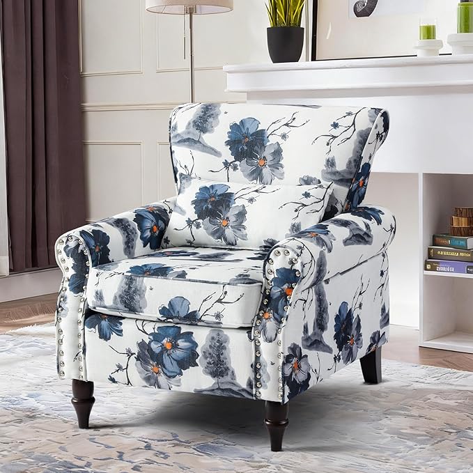 Floral Accent Chair with Lumbar Pillow Retro Wingback Armchair with Nailhead Trim &amp Rolled Arms Modern Linen Fabric Upholstered Recliner for Living Room Bedroom Reading Chair Easy Assembly