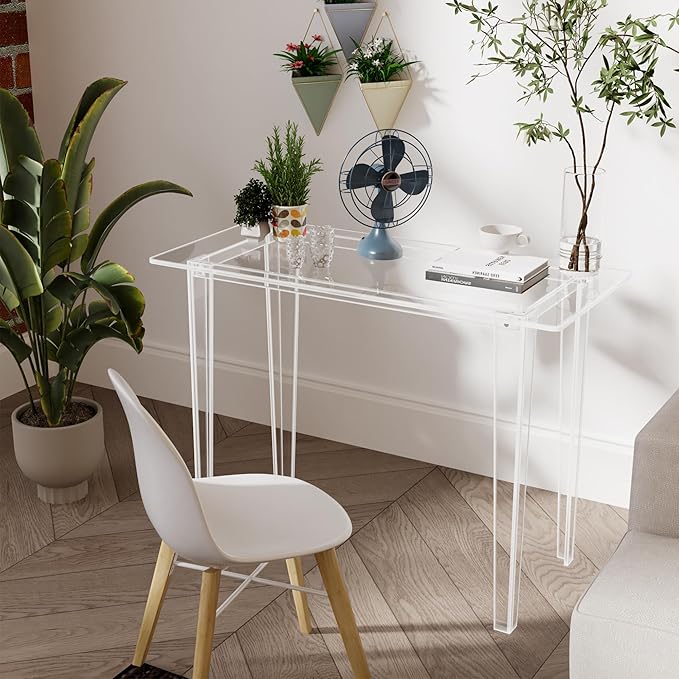 Acrylic Desk - Clear Acrylic Table Modern Home Office Study Table Extended Surface Multi-Purpose Console Sturdy Lightweight Workstation for Small Spaces (Transparent-L)
