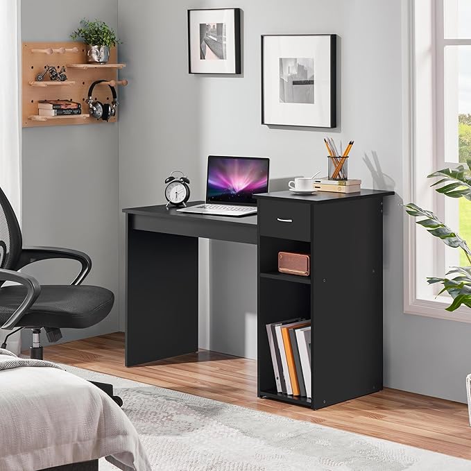 Yaheetech Home Office Computer Desk with Storage Drawer and Monitor Stand Wooden PC Laptop Table Modern Simple Style Computer Workstation for Study Writing Black