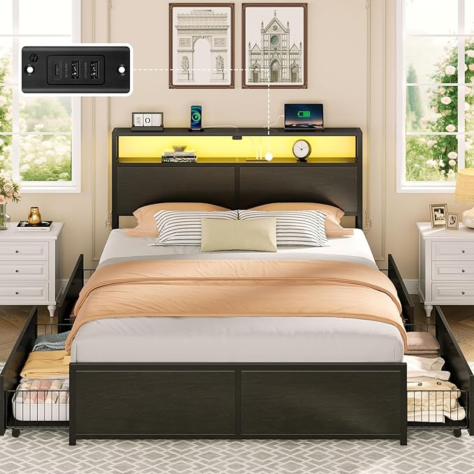 Rolanstar Queen Bed Frame with 4 Storage Drawers &amp 2-Tier Storage Headboard Metal Platform Bed Frame with Charging Station &amp LED Lights Noise-Free No Box Spring Needed Easy Assembly Black
