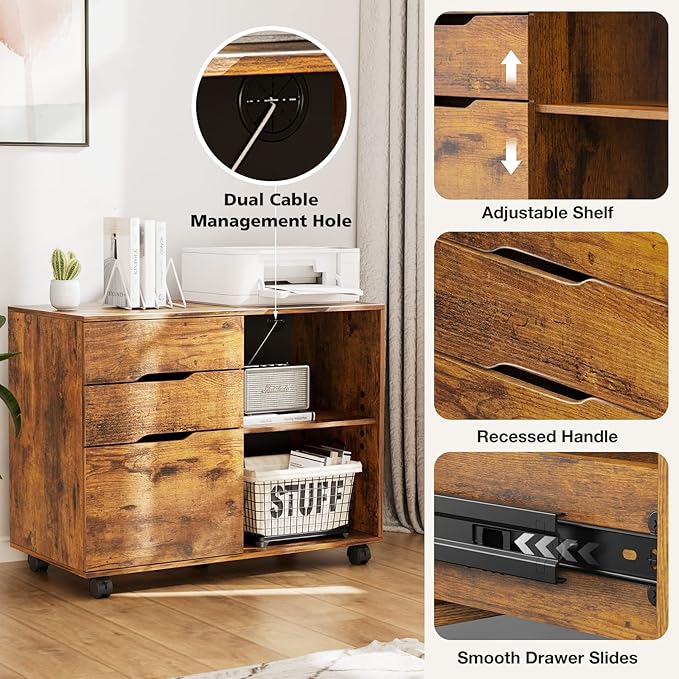 File Cabinet with 3 Drawers Mobile Lateral Filing Cabinet with Open Storage Shelves for Home Office Under Desk Storage Brown