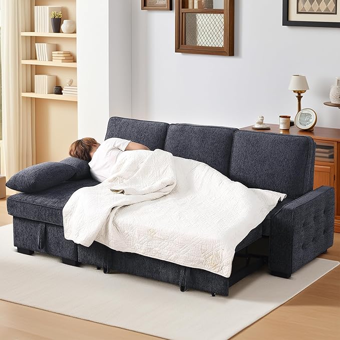 ERYE L-Shaped Pull Out Sleeper Sofa Bed Modern Chenille Upholstered Button Tufted Corner Reversible Sleeper Sectional Sofa Couch with Storage Chaise Drop-Down Table Cup Holders and Charging Ports