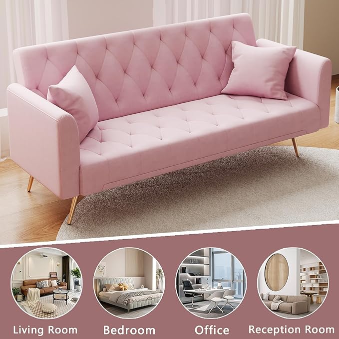 71 Pink Futon Sofa Bed Couch: Velvet Fabric Memory Foam 2 Pillows Gold Metal Feet Adjustable Tufted Backrest Convertible Folding Sleeper Loveseat for Living Room Bedroom Apartment (Pink)