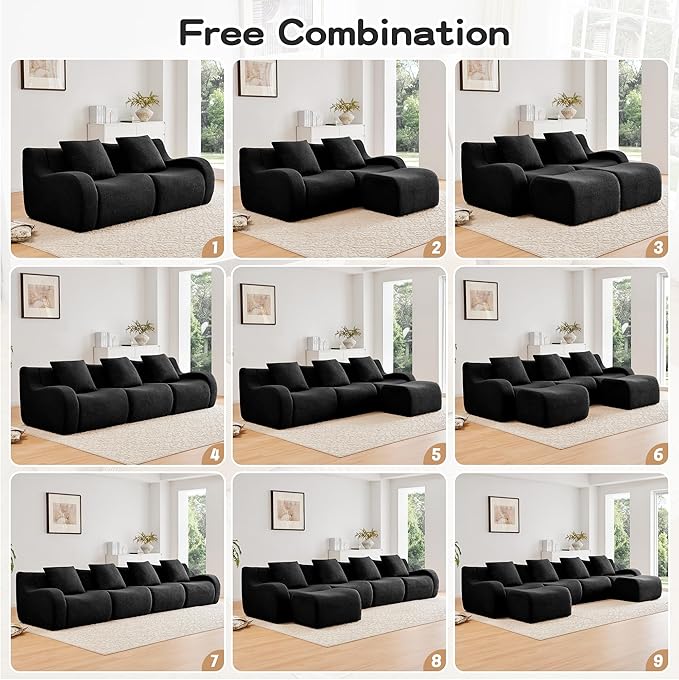 115.3'' Modular Sectional Sofa Boneless Couch U Shaped Sectional Couches for Living Room with Deep Seat and Ottoman Oversized 3-Seater Teddy Cloud Couch Sleeper Sofa Set No Assembly Black