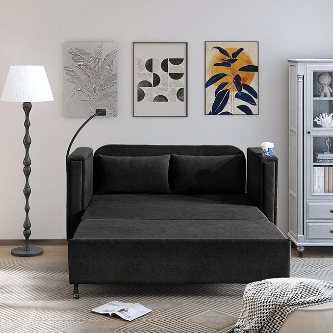 3-in-1 Convertible Sleeper Sofa Couch with Pullout Bed Loveseat Sleeper Sofa Bed with Hidden Side Table 56 Full Size Folding Futon Couch for Living Room Guest Room Apartment Home Office (Black)