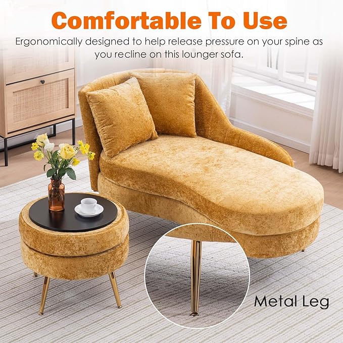 Chaise Lounge Chair Indoor Chenille Upholstered Chair with Left Armrest &amp Pillow Modern Lounge Chairs Sofa with Footstool for Living Room Bedroom Office (Yellow)