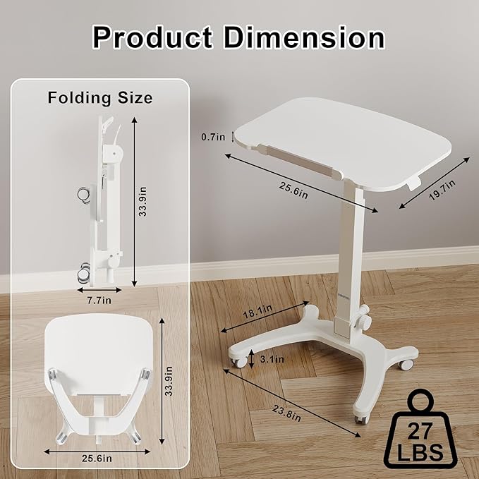 BONTEC Mobile Foldable Standing Desk Portable Adjustable Height Desk with Gas Spring Small Rolling Laptop Desk with Wheels for Home Office Bedroom and Medical Use 25.6 x 19.7 Desktop White