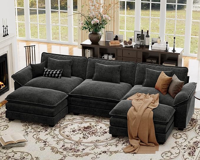 CDCASA 120 Oversized Modular Sectional Sofa Comfy U-Shaped Cloud Couch w/ 2 Movable Ottoman 5-Seater Chenille Deep Seat Modern Sofa Couch for Living Room DIY Combination Black