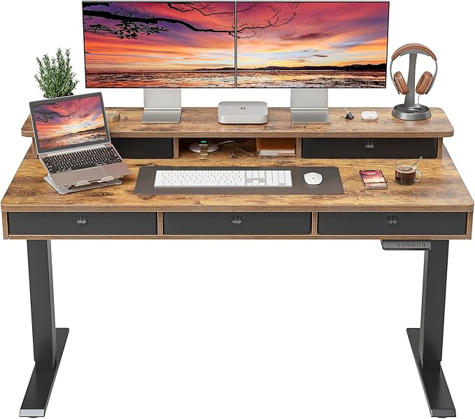 FEZIBO Height Adjustable Electric Standing Desk with 5 Drawers 55 x 24 Inch Table with Storage Shelf Sit Stand Desk Black Frame/Rustic Brown Top 55 inch
