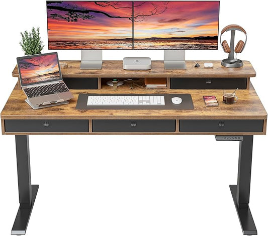 FEZIBO Height Adjustable Electric Standing Desk with 5 Drawers 55 x 24 Inch Table with Storage Shelf Sit Stand Desk Black Frame/Rustic Brown Top 55 inch