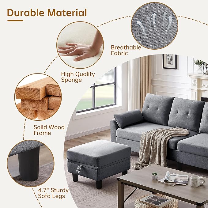 Convertible Sectional Sofa Couch 102 L Shaped Couch with Storage Ottoman and Side Pocket Modern Polyester 4-Seat Reversible Sofa Set for Living Room Light Grey