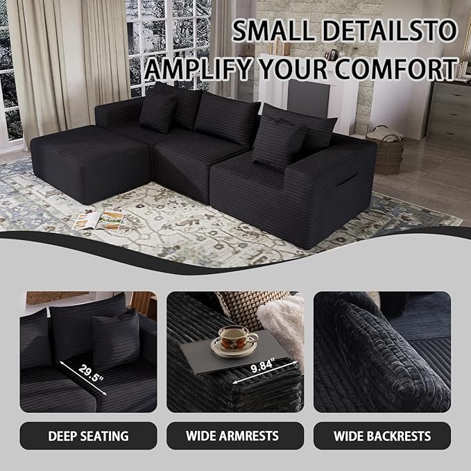 Modular Sectional Sofa Deep Seat Cloud Couch with Throw Pillows Fluffy Comfy Boneless Couch Freely Convertible Memory Foam Sofa for Living Room Apartment Bedroom (Black 4 Seater)