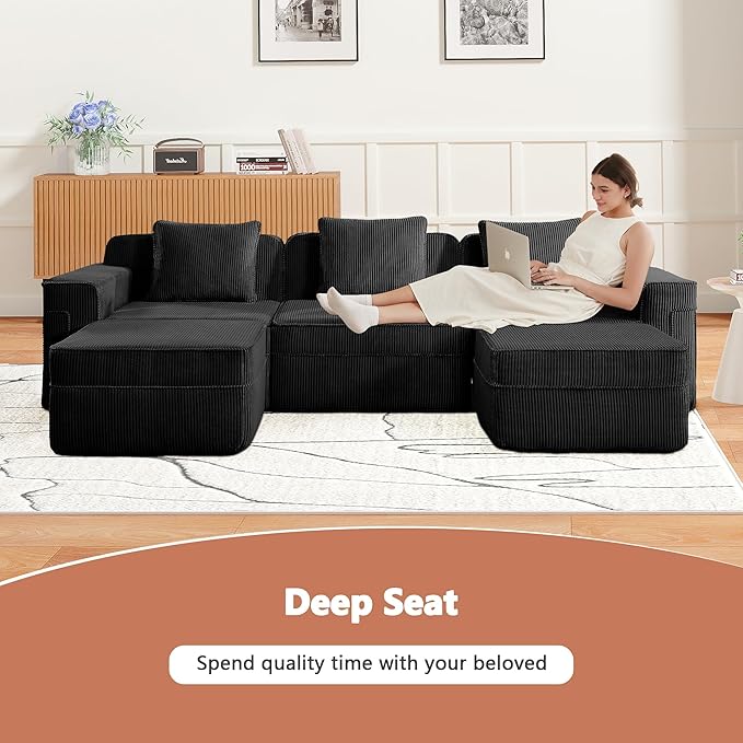 117.3 Compressed Sofa with Deep SeatsBoneless Sectional Couch with High Density Memory Foam SofaU Shaped Black 3 Seater Sofa for Living Room ApartmentsNo Assembly