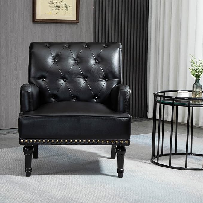 MOJAY Faux Leather Accent Chair Mid-Century Armchair Living Room Sofa Chair with Rubber Wood Leg Club Chair with Rivet Trim for Bedroom Reading Room Reception (Black)