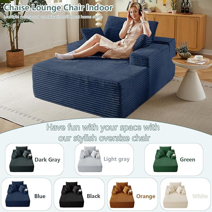 50 Oversized Chaise Lounge Chair IndoorCorduroy Boneless Reading Chair with 3 PillowsDeep Seat Cloud Sofa BedComfy Modern Sleeper Chairs in Box for Living Room BedroomNo Assembly(Blue)