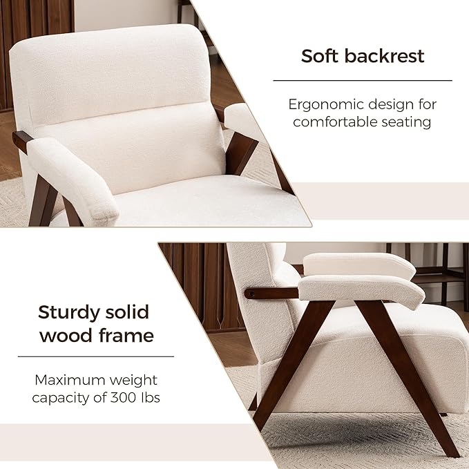 Accent Chair Mid Century Modern Living Room Chairs with Thick Cushion Comfy Upholstered Armchair Cozy Small Side Chairs for Reading Room Bedroom Ivory
