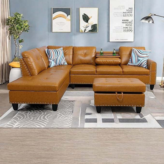 L Shaped Sectional Couches Convertible Lounge Leather Couch with Reversible Cup Holder Nail-Head Design Modern Modular Sectional Sofa for Living Room Furniture Sets Orange B