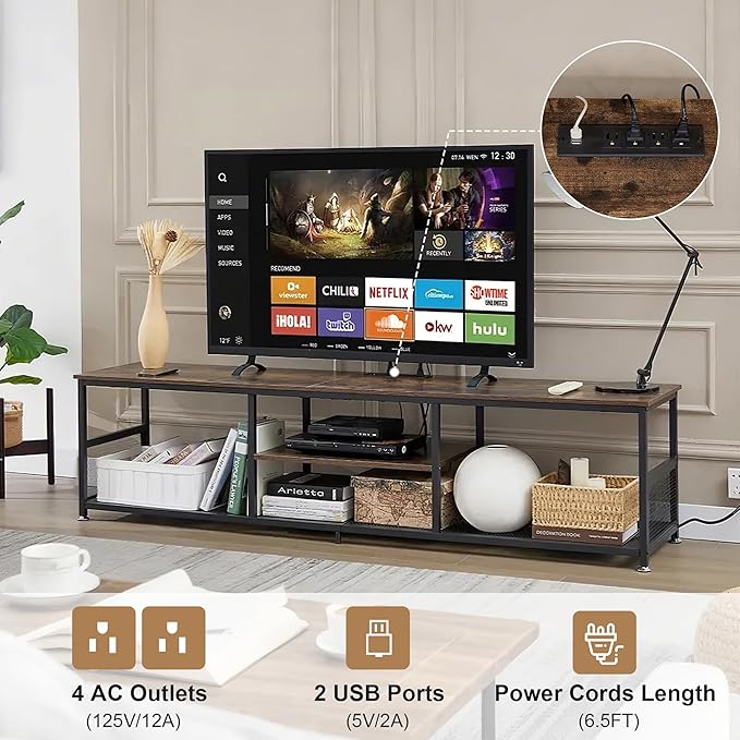 VECELO TV Stand with Power Outlets for Televisions up to 75Inch 62 Media Entertainment Center with Charging Station 3-Tier Open Storage Shelves with Metal Frame for Living Room/BedroomBrown