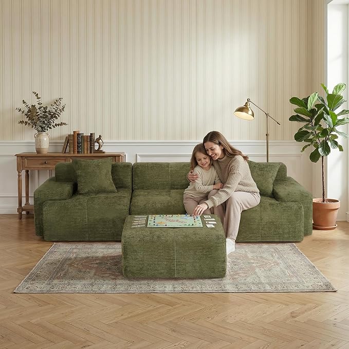 117 Modular Sectional Sofa Couch Chenille Upholstered Boneless Couch Oversized L-Shaped Cloud Sectional Couch with Ottoman &amp Deep Seating No Assembly Green