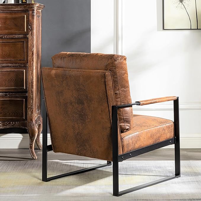 Modern Accent Chair for Living Room Bedroom Mid Century Arm Chair Microfiber Office Accent Chair Reading Chair with Metal Frame for Balcony Lounge Brown