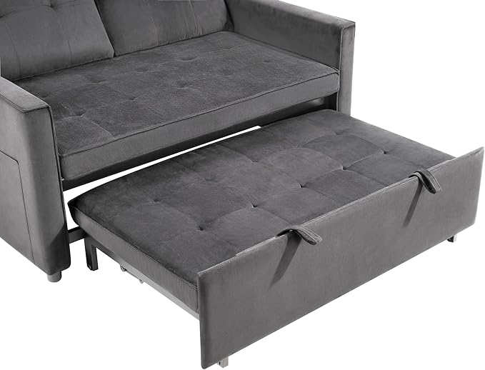 Sofa Bed Pull Out Couch with Side Pockets 3 in 1 Velvet Fabric Loveseat Sleeper Sofa Bed Pull Out Couch with Adjustable Backrest for Living Room Bedroom Apartment Gray 53 Inch
