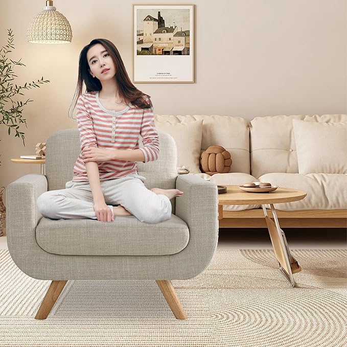 Rosevera Elena Contemporary Accent Armchair with Linen Upholstery Living Room Furniture Light Beige