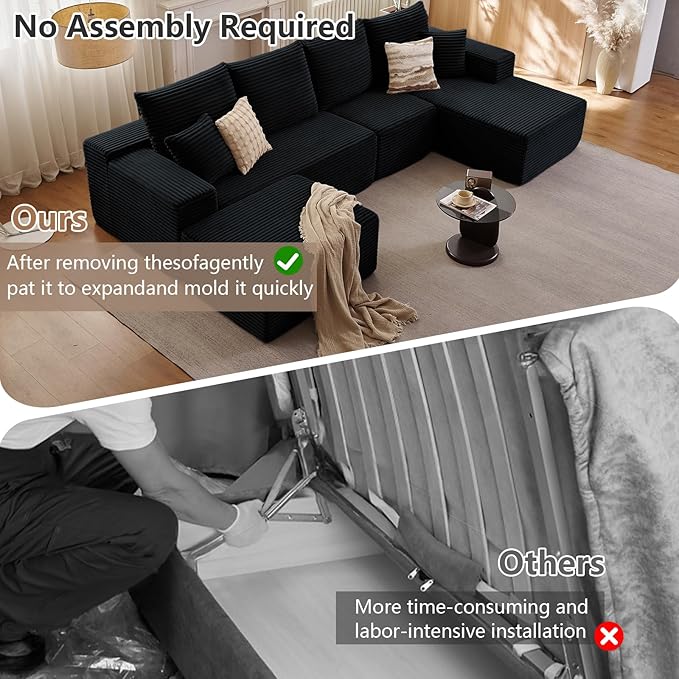 135.4 Modular Sectional Sofa with Ottoman Modern Corduroy Cloud Couch with Deep Seat Boneless Couch Upholstered 4-Seater U-Shaped Sofa for Living Room No Assembly (Black Right-Facing Chaise)