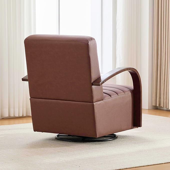 KEIKI 30.3 Upholstered Swivel Accent Chair with Solid Wood Armrests Comfy PU Lounge Single Sofa Chair 360° Swivel Armchair Sofa Chairs for Living Room Bedroom Office Brown