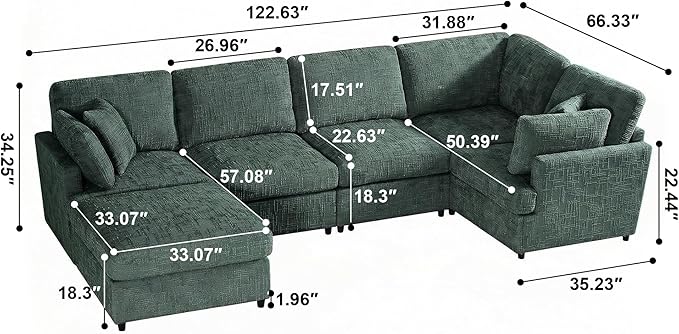 ERYE 122-Inch Modern Corner Modular Sectional Sofa Couches with Ottoman and 4 Toss Pillows Comfy Chenille Upholstered U-Shaped Sofa Convertible L-Shaped Symmetrical Couch