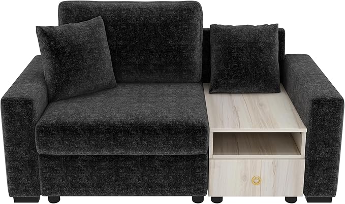 Christopher Knight Home Onvi 63.2'' Lounge Sofa Couch with Storage Armrest and Center Console Chenille Upholstered Home Sofa Living Room 1 Seater Sofa with Removable Plush Pillows Black