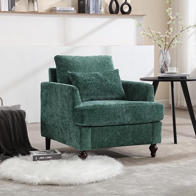Mid Century Modern Linen Fabric Accent Chair for Living Room Bedroom Guest Room Office Apartment Waiting Room Furniture Upholstered Armchair Reading Accent Chairs (Emerald)