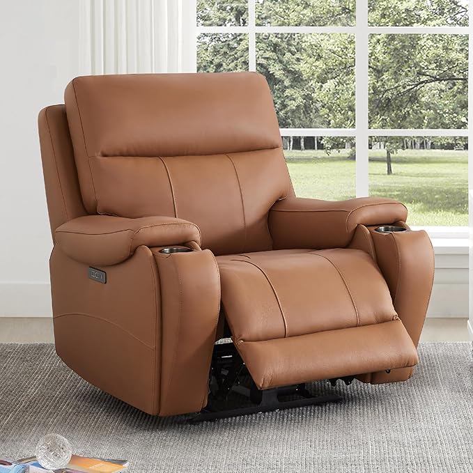 CHITA Large Power Zero Gravity Recliner Chair Genuine Leather Recliner Chair for Adults with Adjustable Power Headrest and Hidden Slide-Out Cupholders USB and Type-C Ports Saddle