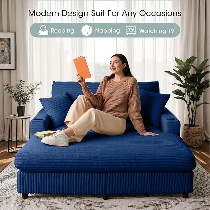 64 Chaise Lounge Indoor Oversized Chaise Lounge Chair with 2 PillowsUSB Charger Cup Holder Corduroy Sofa Bed Lazy Sleeper Couch Reading Chair for Apartment Blue