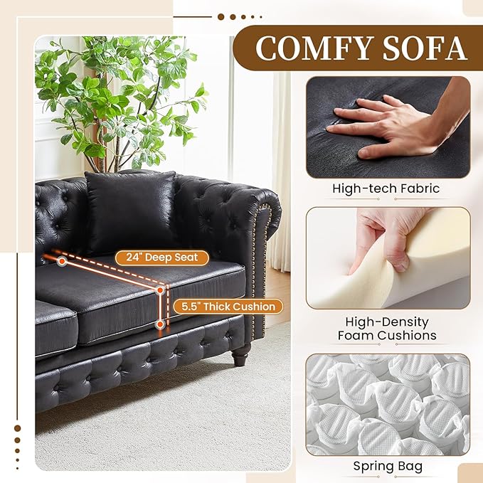 Mid Century Modern Loveseat Sofa 63.5W High-tech Fabric Button Tufted Small Couch with Nailhead Trim &amp Roll Armrest Upholstered Comfy Chesterfield Sofa for Living Room Office(2 Seater Black)