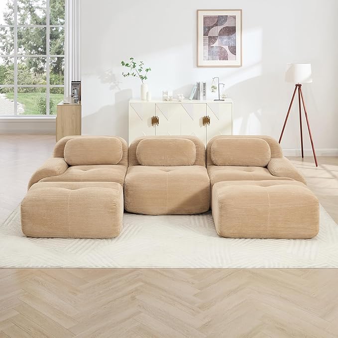 116 Modern Corduroy Cloud Sofa with Ottoman U Shaped Boneless Modular Large Sectional Couches for Living Room Camel 3 Seater Compressed Memory Foam Couch Extra Deep Seat No Assembly
