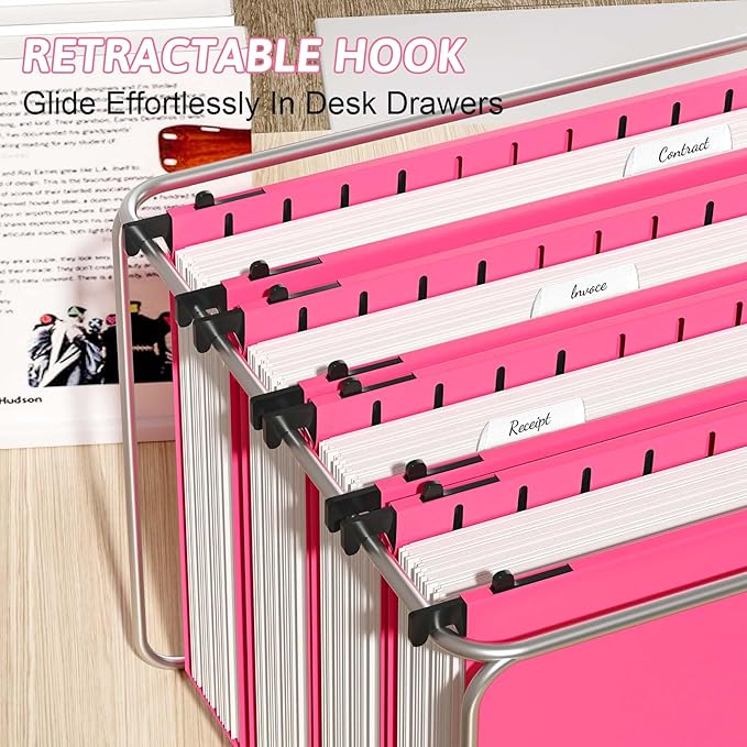 Extra Capacity Plastic Hanging File Folder Letter Size12 Pack Reinforced Hang Folders with Heavy Duty 2 Inch ExpansionPink Hanging File Folder Designed for Bulky Files
