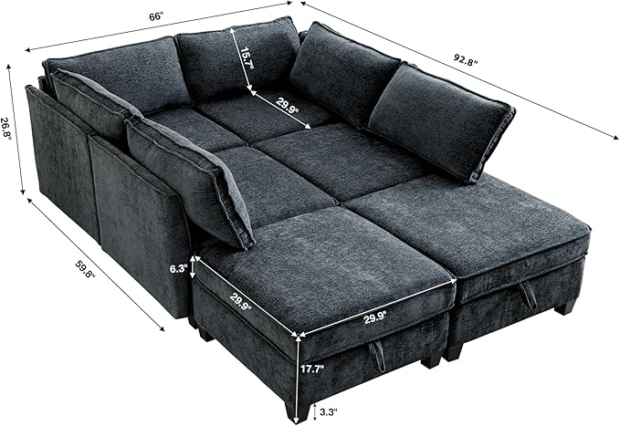 ORRD Sleeper Modular Sectional Sofa Set Convertible Couch Bed with Storage 6 Seater and 4 Armrestes Sofa Modular for Living Room Office (Blue Grey)