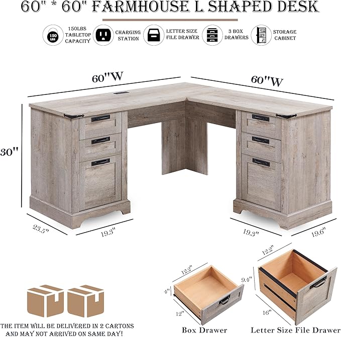 RedLemon 60 Farmhouse L Shaped Desk with Drawers Wood Home Office Corner Executive Desk with Charging Station File Drawer Storage Cabinet Rustic Computer Writing Desk (Light Rustic Oak)