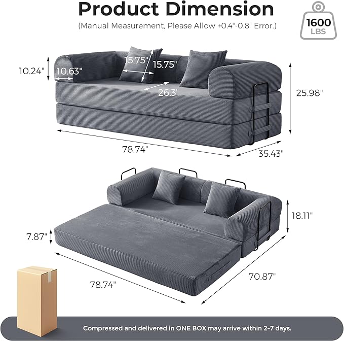 79'' Convertible Sofa Bed 5-in-1 Folding Corduroy Sleeper Couch with Pull Out Bed Oversized Modular Floor Sofa No Assembly Space-Saving Guest Bed for Apartment Living Room Bedroom (Dark Gray) | Co