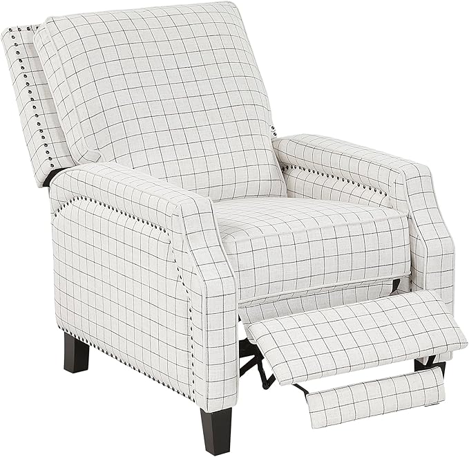 Lexicon Pushback Recliner Chair Plaid Textured Fabric Armchair Push Back Reclining Chair Nailhead Trim Solid Wood Legs Easy Assembly for Living Room/Office/Apartment Off-White