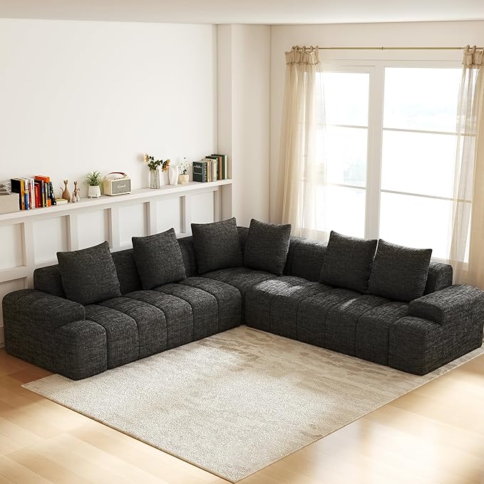 Cloud Modular Sectional Sofa Couch 108 V Shaped Chenille Fabric Memory Foam Sofa 5 Seater with 6 Pillows Firm Cushions for Living Room ApartmentBlack