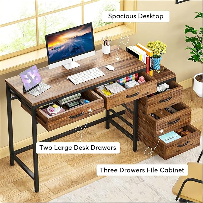 Computer Desk with Adjustable Position Drawers Rustic Brown Gaming Desk with Storage Compact Home Office Desks Vanity Desks Without Mirror for Bedroom/Study Writing