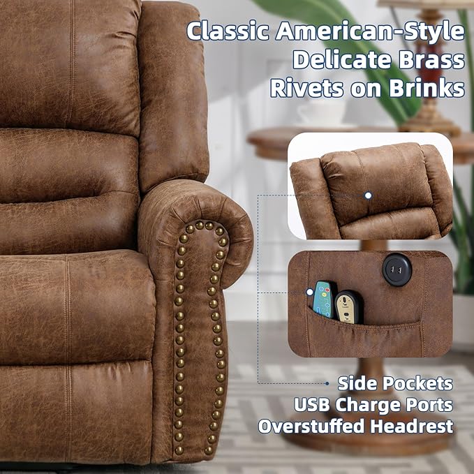 Power Lift Recliner Chair for Elderly with Massage and Heat Electric Recliner Chair with Rivet Decoration 2 Remote Controls Side Pockets &amp USB Ports for Home Office (Nut Brown)