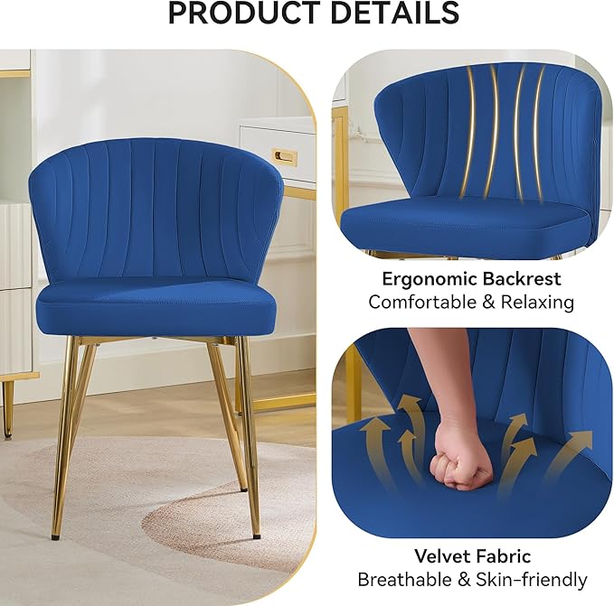 Velvet Vanity Chair Modern Makeup Chair with Back Golden Legs Small Cute Accent Chair for Vanity Living Room Bedroom Navy