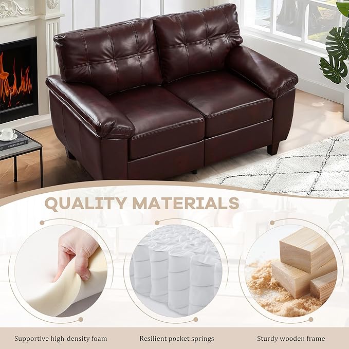 59 Faux Leather Loveseat with Storage Mid-Century Modern PU Sofa Couch with Tufted Seat &amp Back Deep Seat Small Sofa for Living Room Apartment Office Vintage Upholstered 2-Seater Couch Burgu