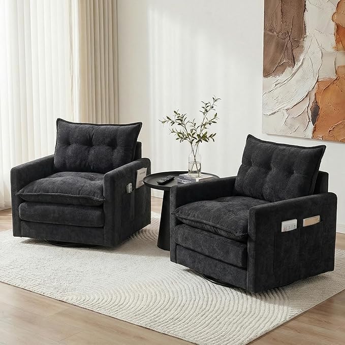 Square Swivel Chairs Set of 2Plush Chenille Upholstered Accent Club Chair with Arms360°Rotation Armchair for ReadingModern Single Cloud Sofa Chair for Living Room(2 Black)