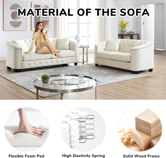 2 Piece Modern Chesterfield Velvet 77 3-Seater + 59 Loveseat Sofa Set Upholstered Tufted Backrests with 8 Nailhead Arms and 4 Cushions for Living Room (Beige 77 3-Seater + 59 Loveseat Sofa Set)