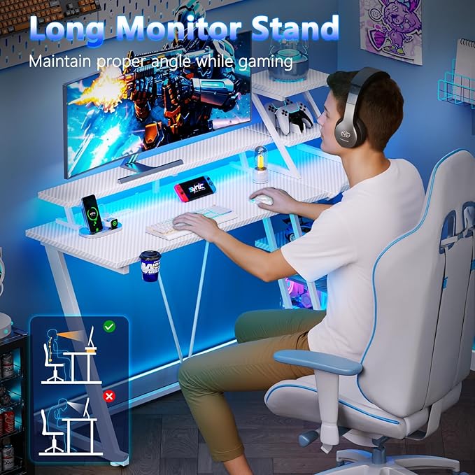 40 Inch White Gaming Desk with LED Lights &amp Power Outlet Small Gaming Computer Desk with Storage Shelves L Shaped Gamer Workstations with Monitor Stand for Bedroom