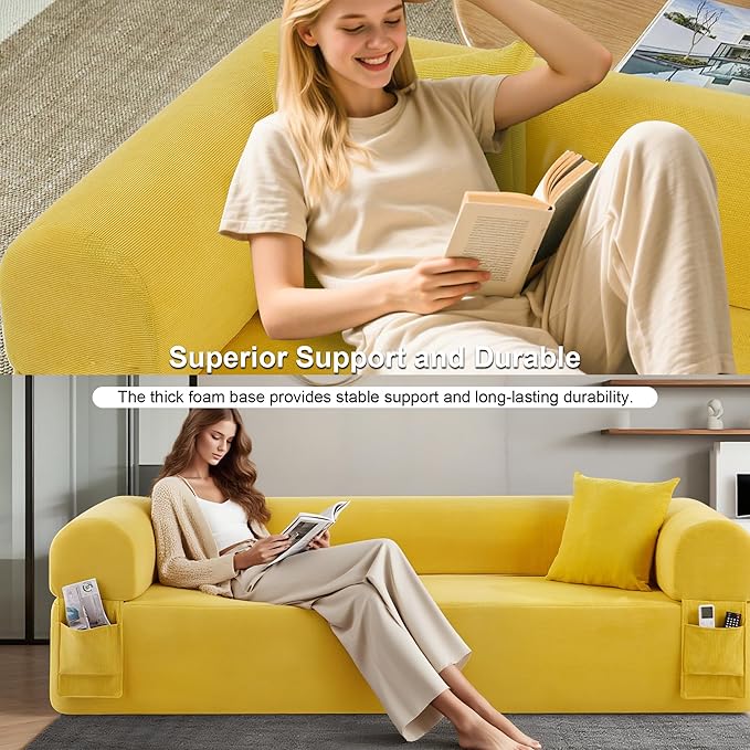 3-Seater Floor Sofa in A Box No Assembly Floor Boneless Couch Comfy Small Sofa Corduroy Couch with 2 Cushion Pillows &amp Armrest &amp Side Storage Pockets for Living Room Apartment Yellow